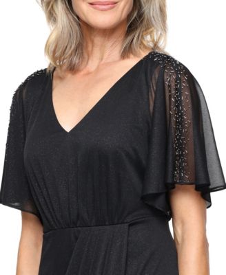 Women's Glittered Front-Slit V-Neck Long Dress