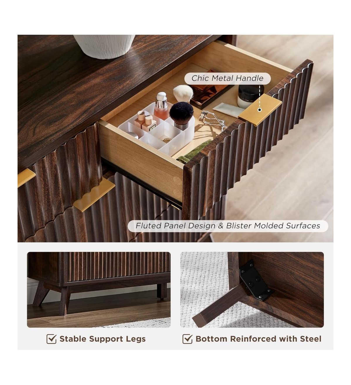 gaomon 54" Wide Modern Fluted 7-Drawer Wood Dresser with Faux Marble Top, Tv Stand and Drawer Organizer