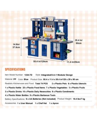 Kids Kitchen Playset, 3-in-1 Kitchen with Spray, Lights & Sounds, 74 PCS Cooking Accessories, Pretend Play Set for Kids 3–8, Blue