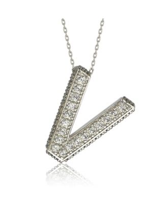 Suzy Levian Sterling Silver Sapphire 3-D Letter "V" Initial Pendant