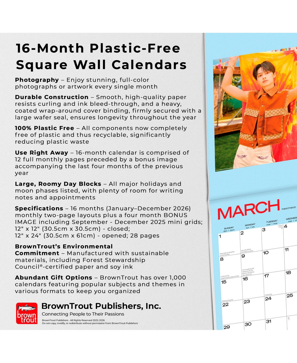 BrownTrout Seventeen Official | 2026 12 x 24 Inch (Hanging) Monthly Square Wall Calendar | Plastic-Free