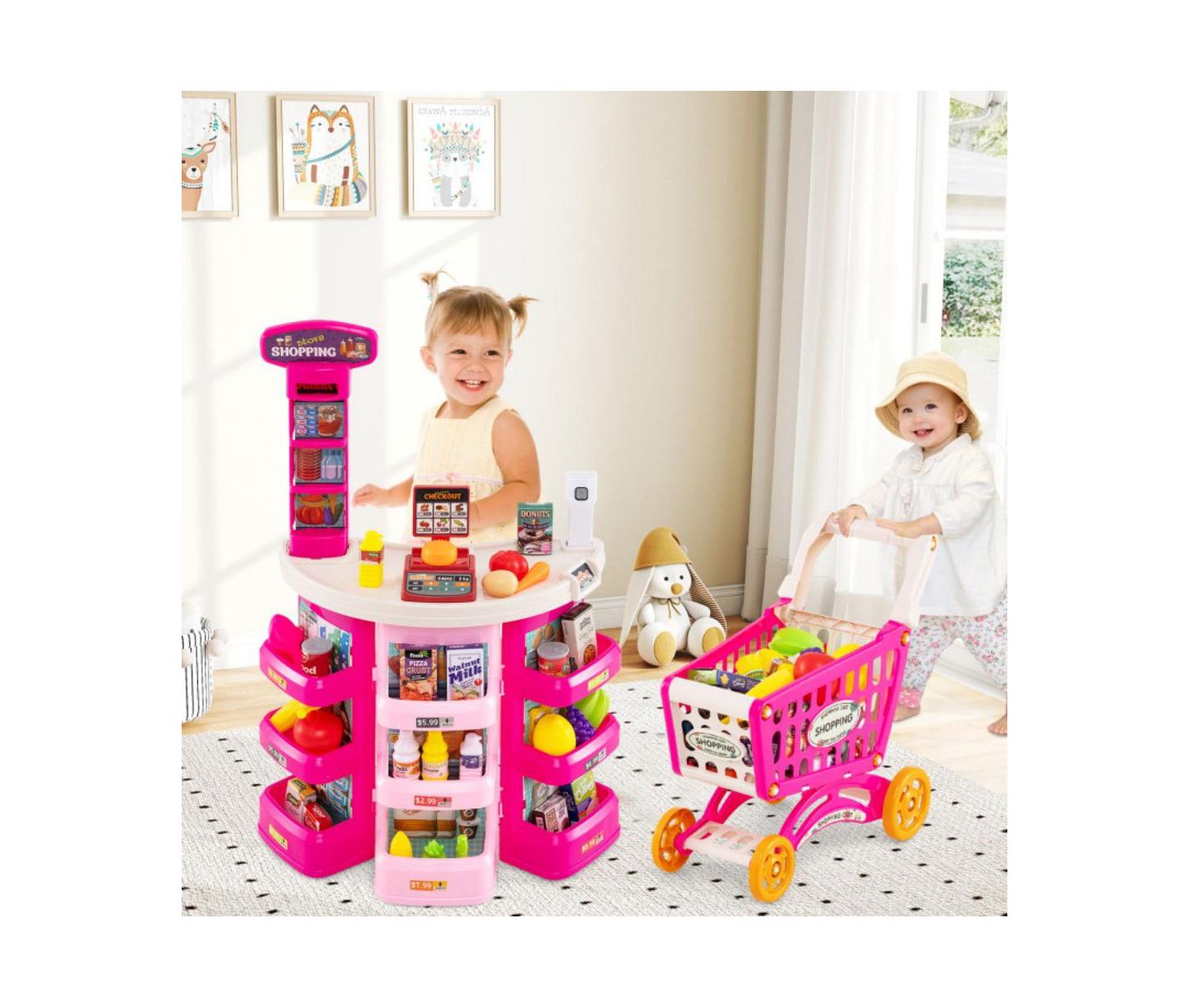 Детский игровой набор HONGGE 2-in-1 Light-and-Sound Scanner 76-Piece Supermarket Playset, Ages 3+, цвет: Розовый — фото 2