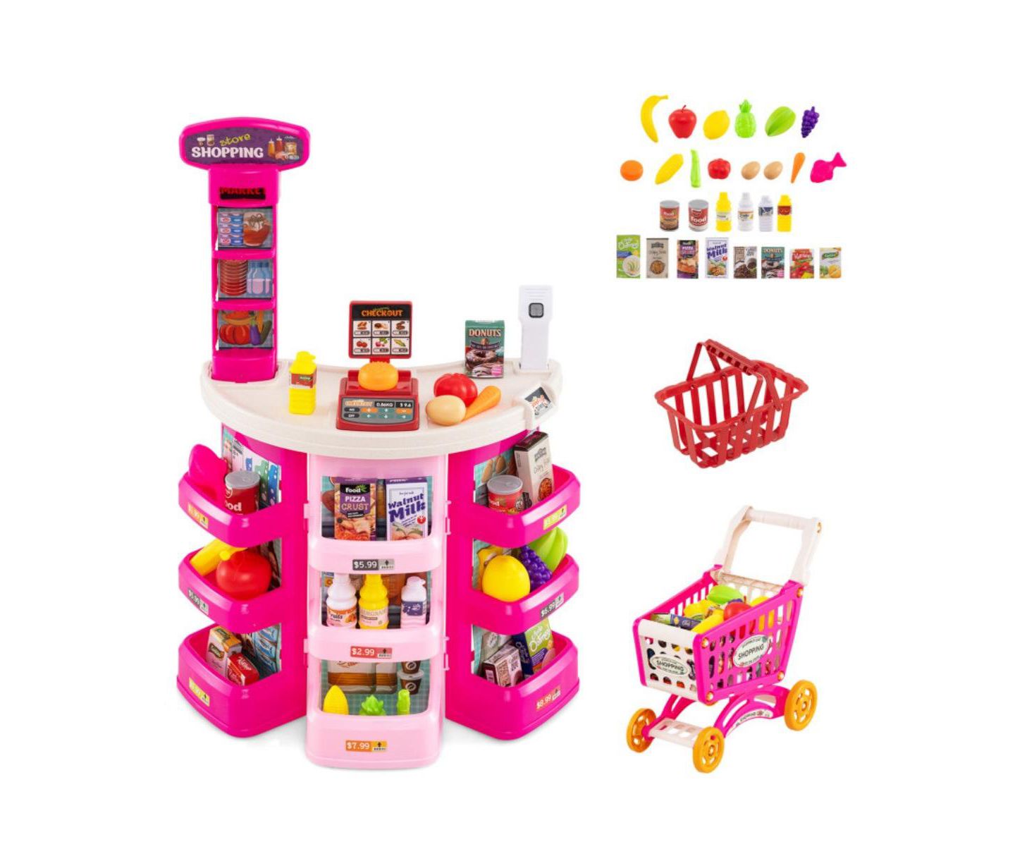 Детский игровой набор HONGGE 2-in-1 Light-and-Sound Scanner 76-Piece Supermarket Playset, Ages 3+, цвет: Розовый — фото 1