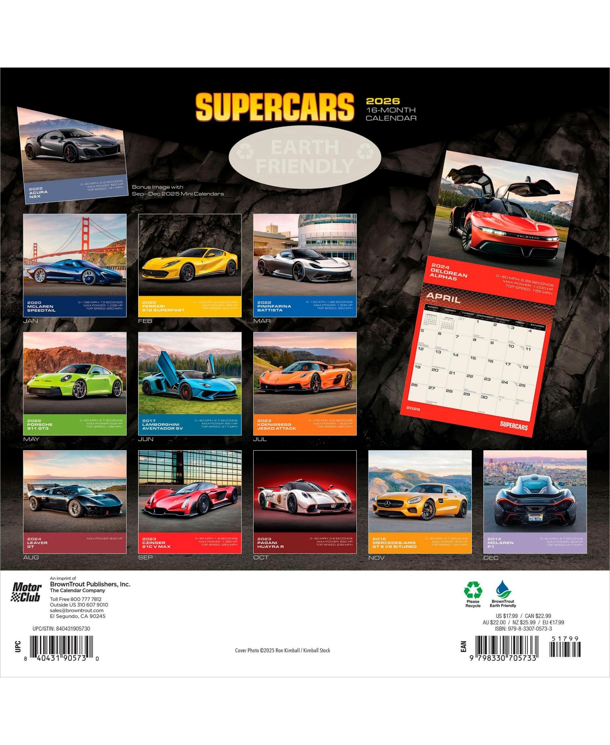 Motor Club Supercars | 2026 12 x 24 Inch (Hanging) Monthly Square Wall Calendar