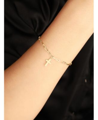 Cross Charm with Paperclip Chain Bracelet in 14K Gold, 7 in,  approx. 2.6 grams.