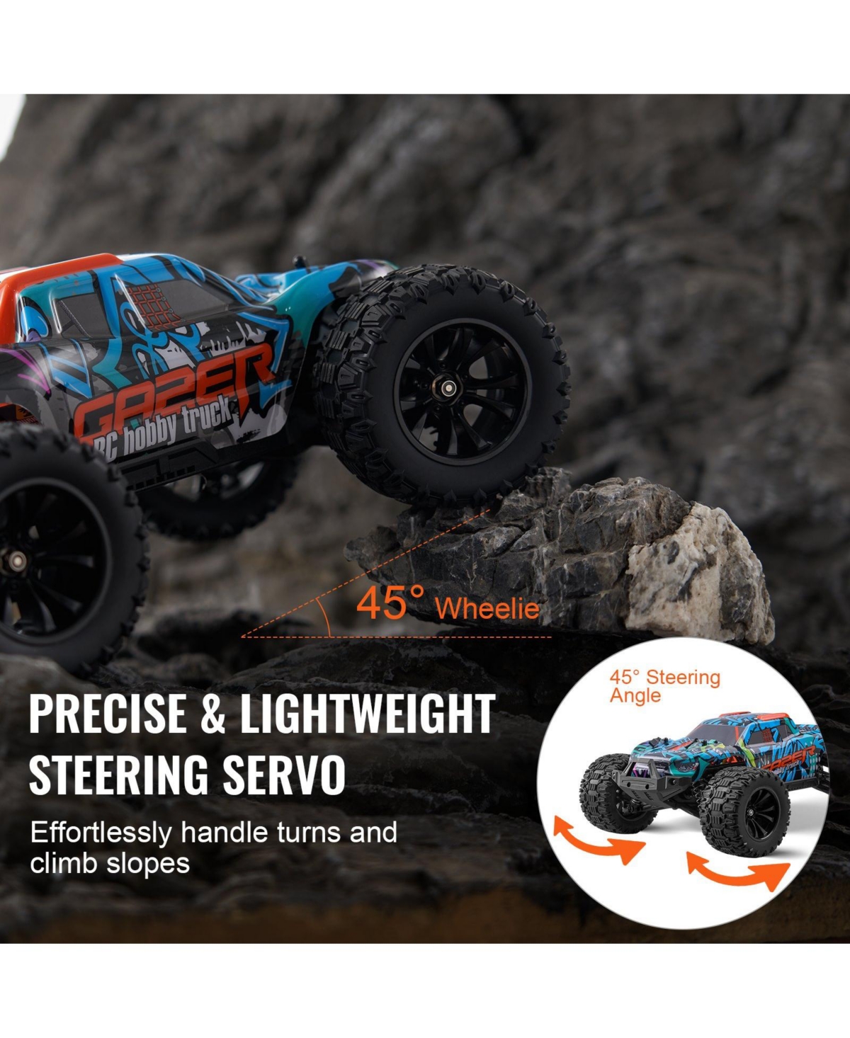Mecale Rc Car 1:14, 4WD Off-Road Truck with Extra Shell, 45° Wheelie, Adjustable Speed, 42 km/h Hobby Racing Car for Kids 8+.