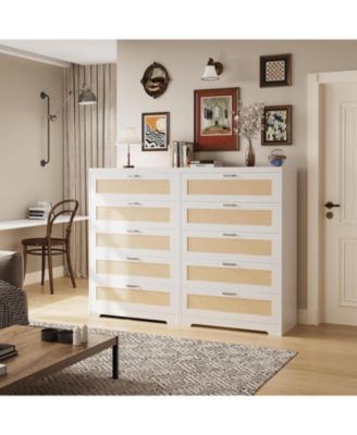 Tall Rattan Dresser with 5 Drawers,Wooden Spacious Storage Chest of Drawers