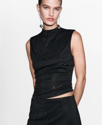 Women's Rhinestones Perkins-Neck Top