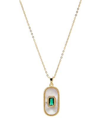 Green Cubic Zirconia Mother Of Pearl Elongated Dog Tag Necklace