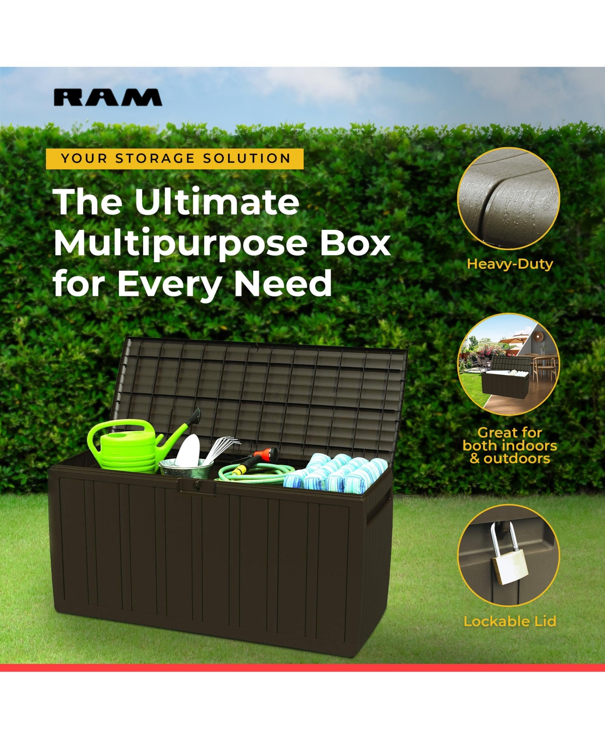 Ram Quality Products Outdoor Backyard Patio Storage Deck Box, 71 Gallon, Brown