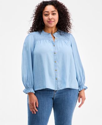 Plus Size Smocked-Yoke Cotton Chambray Blouse