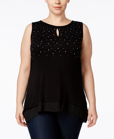 Belldini Plus Size Studded Chiffon-Hem Top