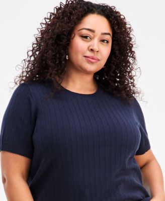 Plus Size Ribbed Short-Sleeve Sweater