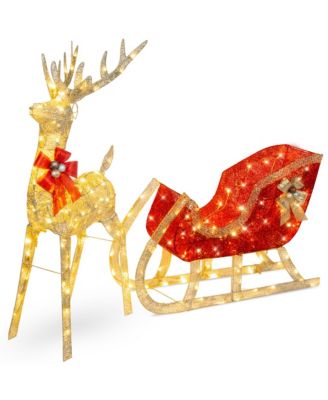 Lighted Christmas 4ft Reindeer & Sleigh Outdoor Yard Decoration Set w/ 205 LED Lights, Stakes