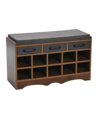 Entryway Storage Bench with Drawers, Shoe Compartments and Cushioned Seat in Mid Century Walnut Wood Grain