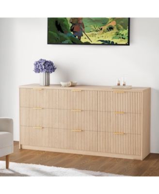 9 Drawer Fluted Dresser for Bedroom, 55" Wide Modern Chest of Drawers with Metal Handle, Fluted Wood TV Stand, Modern Large Dresser, Natural Color