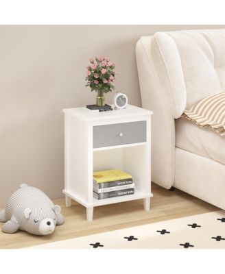 Wooden Nightstand with Drawer and Open Shelf with Silver Handle for Kids & Adults