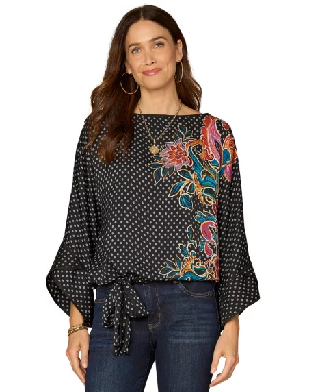 Petite Boat Neck Dolman-Sleeve Printed Top - Black Multi