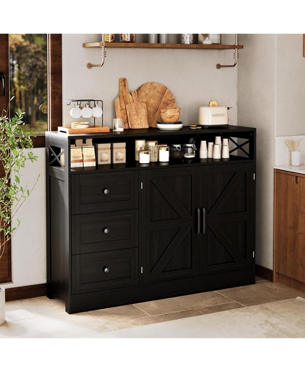 Gaomon 47.2" Buffet Cabinet with Power Outlet, 3 Drawers & 2 Barn Doors, Modern Farmhouse Sideboard Storage forLiving Room, Coffee Bar, Black