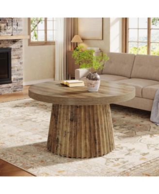 Round Coffee Table, 31.5" Modern Circle Center Table with Fluted Drum Base and Wood Grain Finish