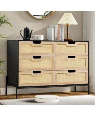 6-Drawer Rattan Dresser, Natural Woven Fronts with Solid Metal Legs