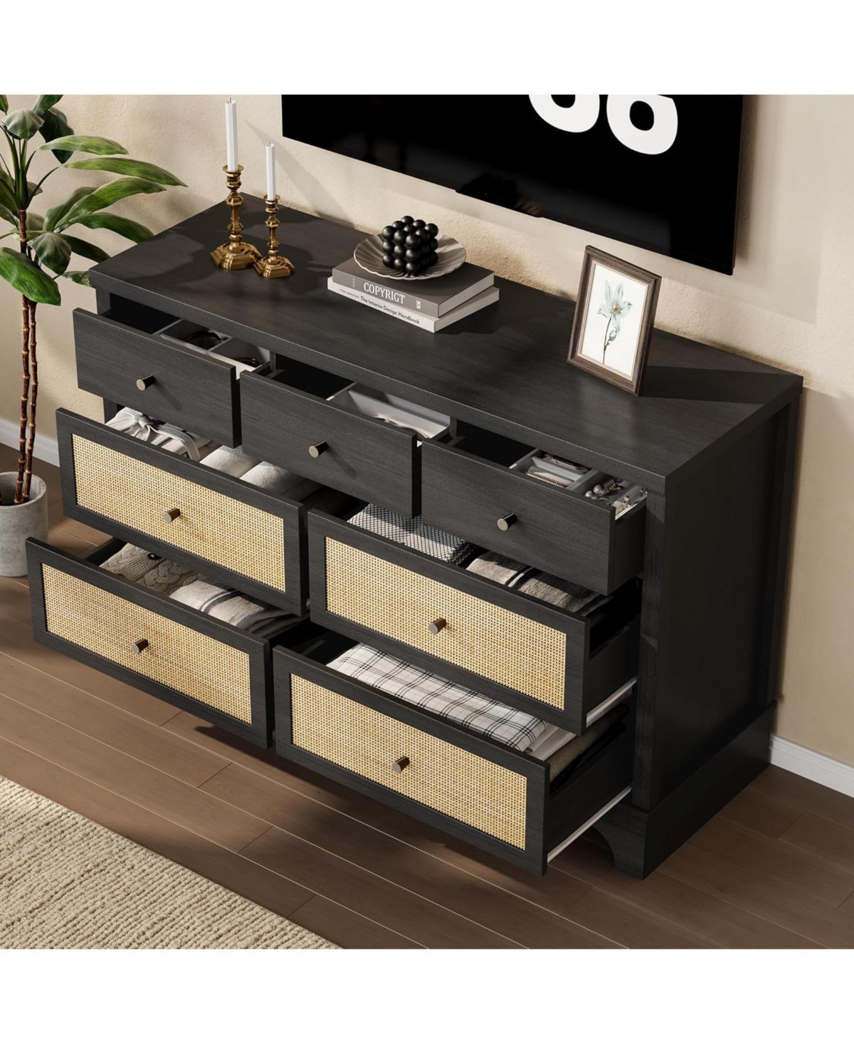 gaomon 47.3" Wide 7-Drawer Bedroom Dresser, Modern Wood Chest with Natural Rattan Drawers for Living Room, Hallway, or Entryway
