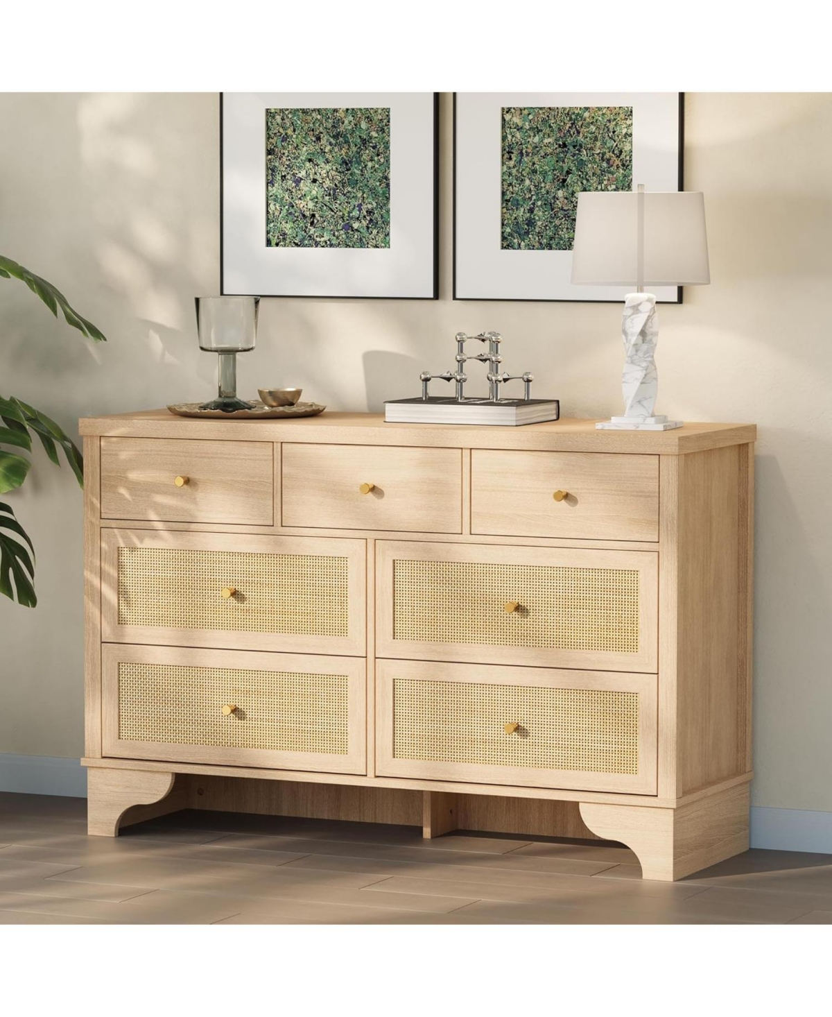 gaomon 47.3" Wide 7-Drawer Bedroom Dresser, Modern Wood Chest with Natural Rattan Drawers for Living Room, Hallway, or Entryway