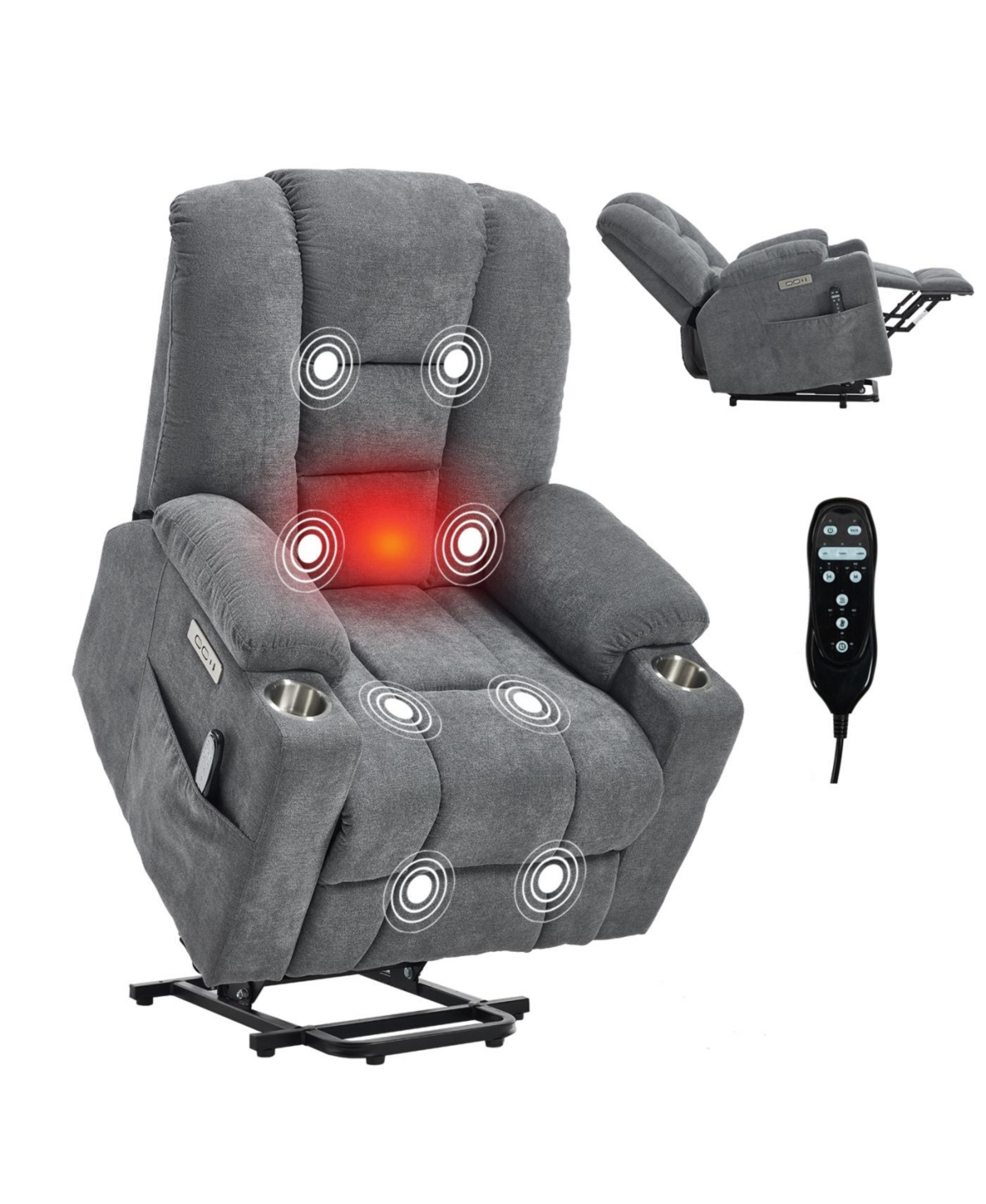 Streamdale Furniture Lift Recliner Chair with Massage, Heat, Usb Ports, Cup Holders (Blue Grey)