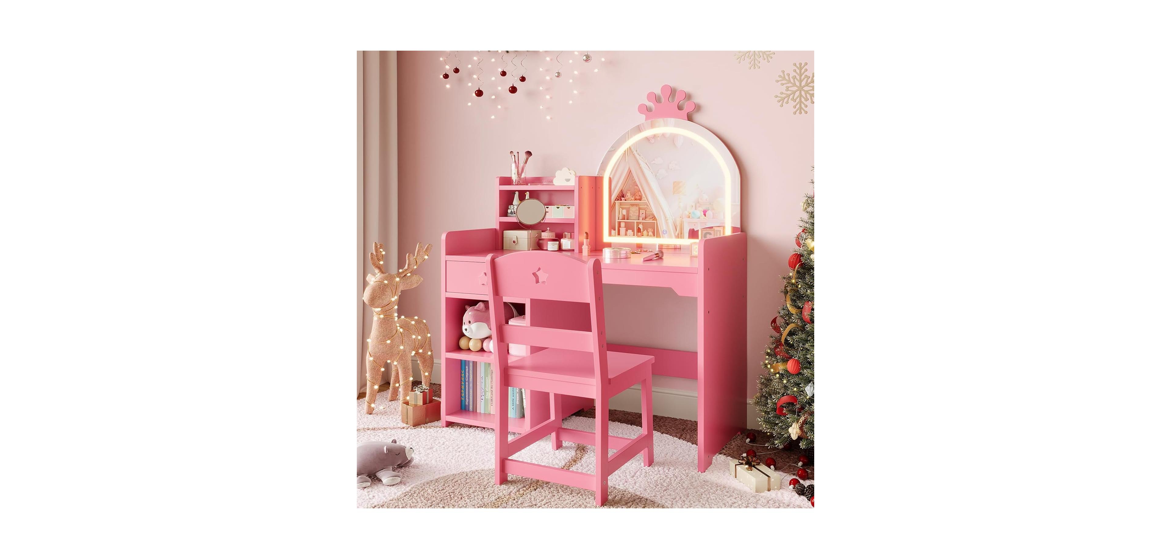gaomon GraveeHome 2Pc Mdf Mirror and Lights, Makeup Vanity Desk with Drawer and Storage Shelves Kids Vanity Table and Chair Set