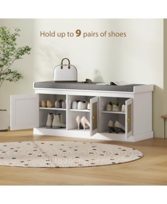 Shoe Bench with Rat Doors, Cushion, Entryway Shoe Storage,
