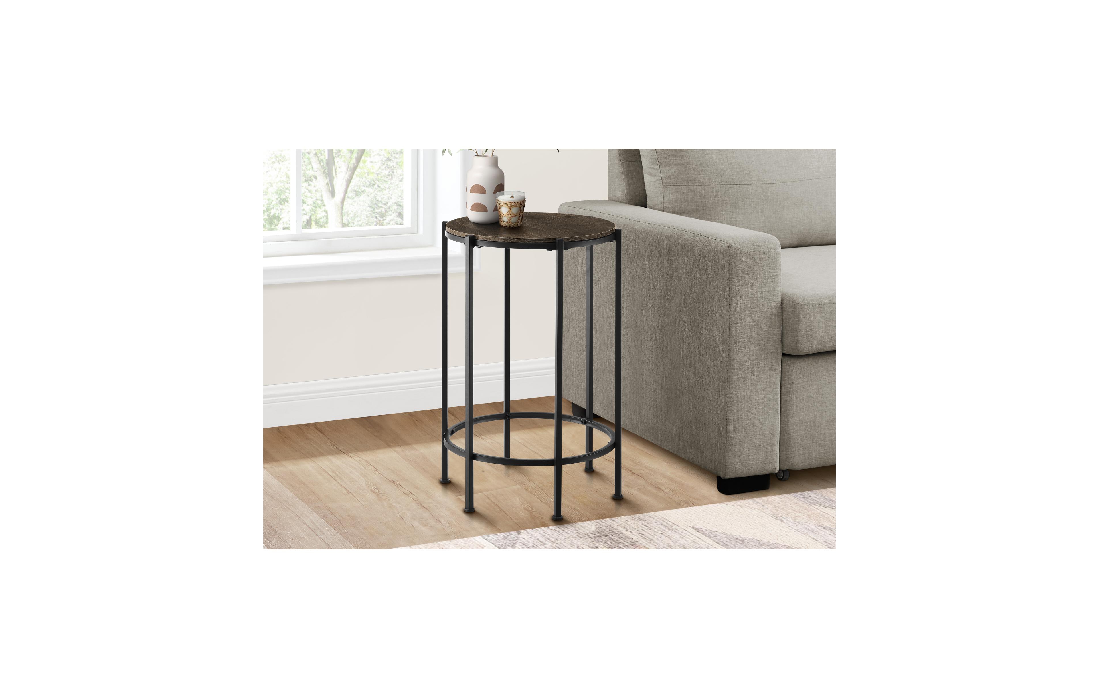 Lovmor Accent Table, End, Round, Side Table, Small, Lamp, Living Room, Bedroom, Nightstand, Dark Oak Laminate, Black Metal, Contemporary