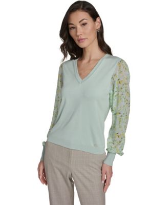 Women's Mixed Media V-Neck Sweater