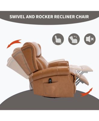 Genuine Leather Recliner Chair with Rocker and Swivel, Heat Massage for Living Room, Yellow