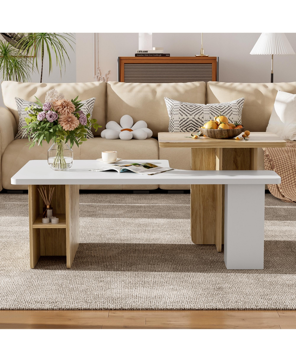 Lovmor Set of 2 Farmhouse Rectangular Nesting Coffee Tables with Wood Finish for Living Room