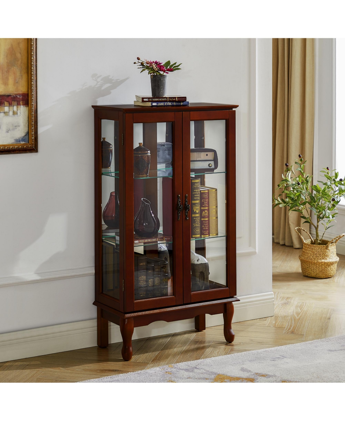 Lovmor Curio Display Cabinet with Interior Lighting Mirrored Panel and Classic Style