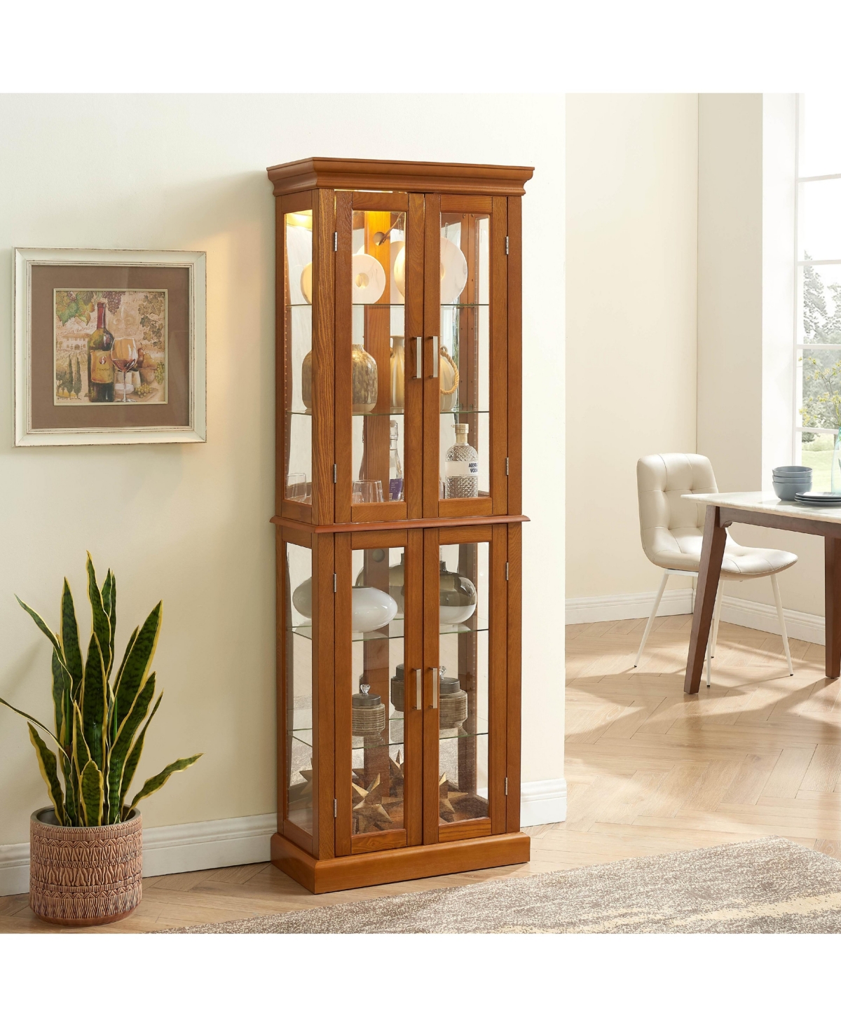 Lovmor Transitional Display Cabinet with Adjustable Shelves Internal Lighting and Mirrored Back Panel