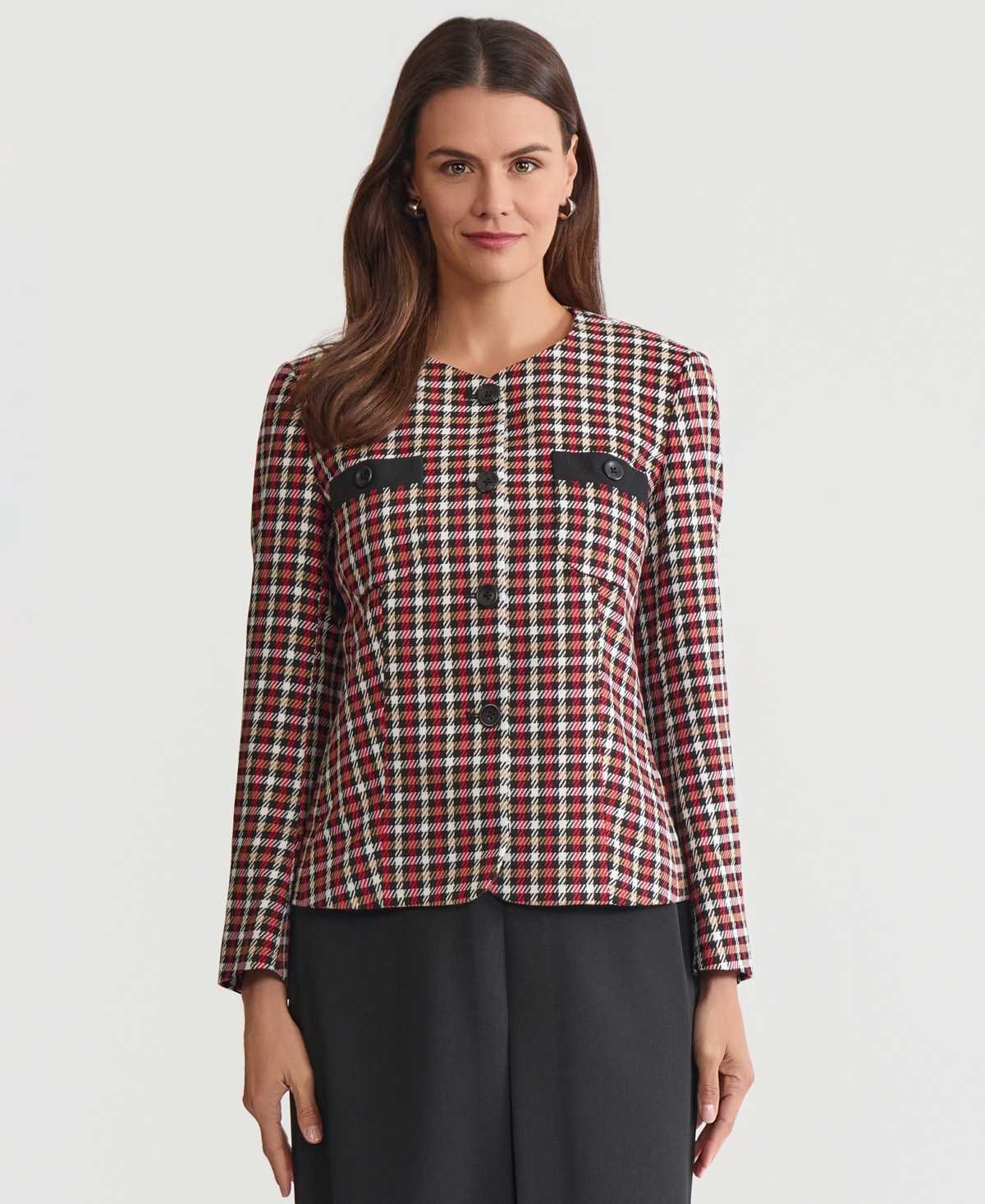 Kasper Women's Houndstooth Collarless Button-Front Jacket, Regular & Petite
