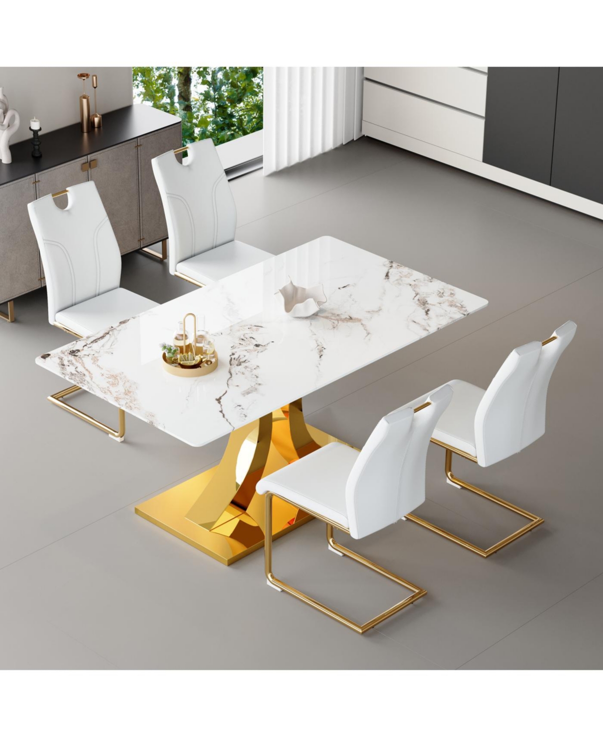 Streamdale Furniture Marble-Veined Glass Dining Set w/ Gold Accents: 63" Table & 4 U-Chairs