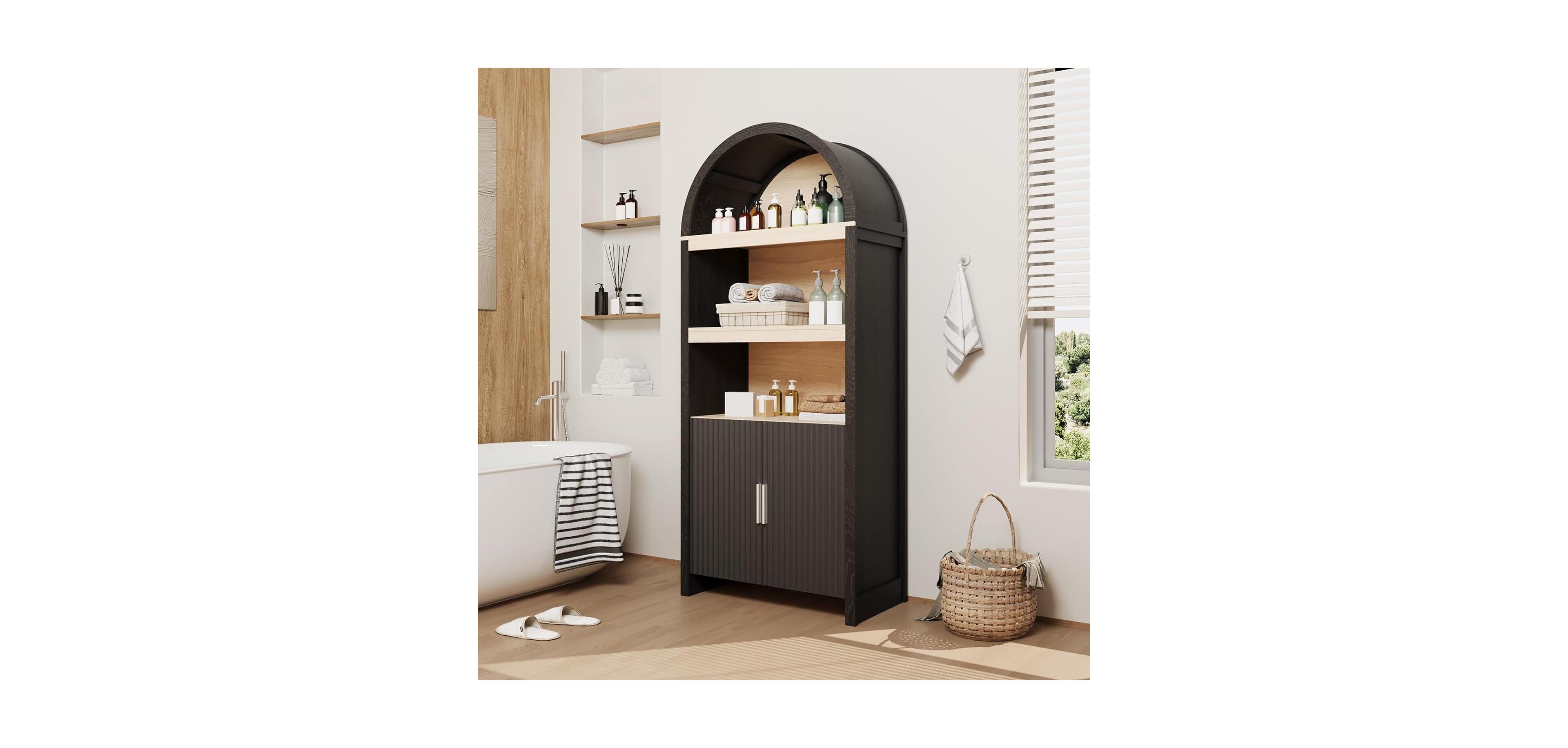 Gaomon 71in Tall Arched Bookcase, Modern 5 Tier Bookshelf Mid Century Arched Display Storage Cabinet with Fluted Doors Open Display Shelves, Black