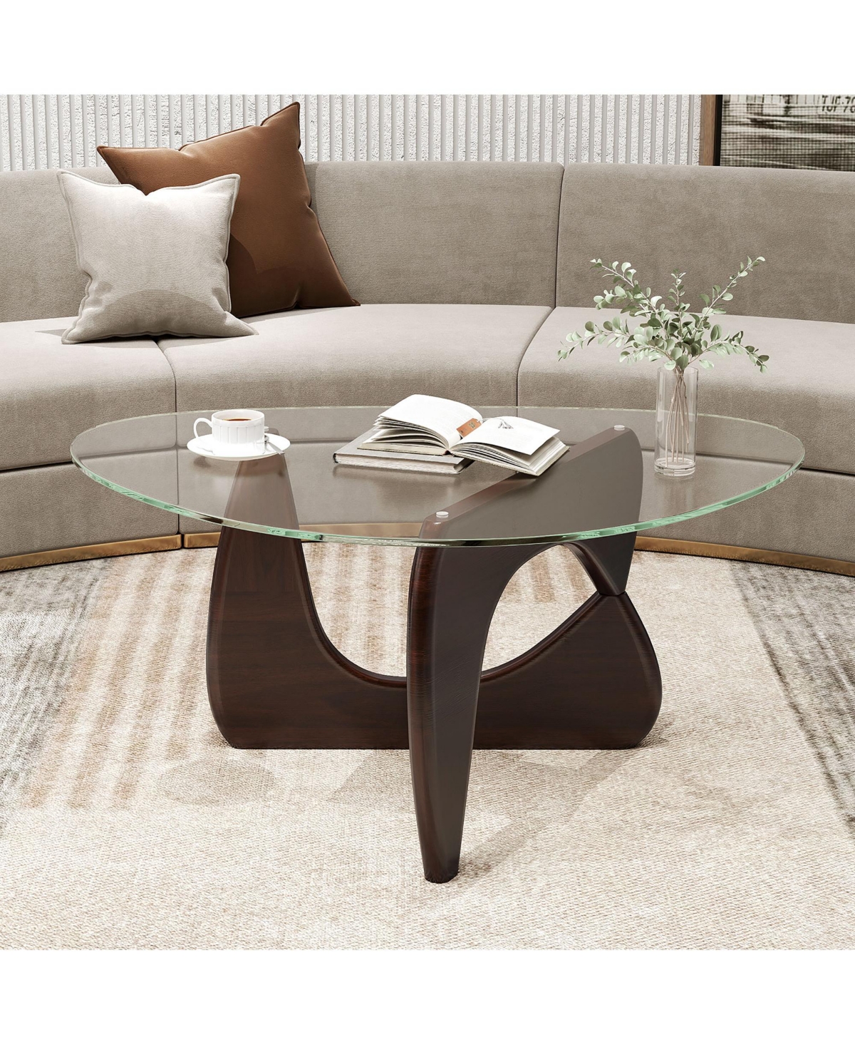 Gymax Triangle Coffee Table w/ Tempered Glass Top & Adjustable Rubber Wood Base