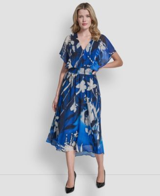 Women's Short Flutter Sleeve V Neck Smocked Waist Floral Midi Dress
