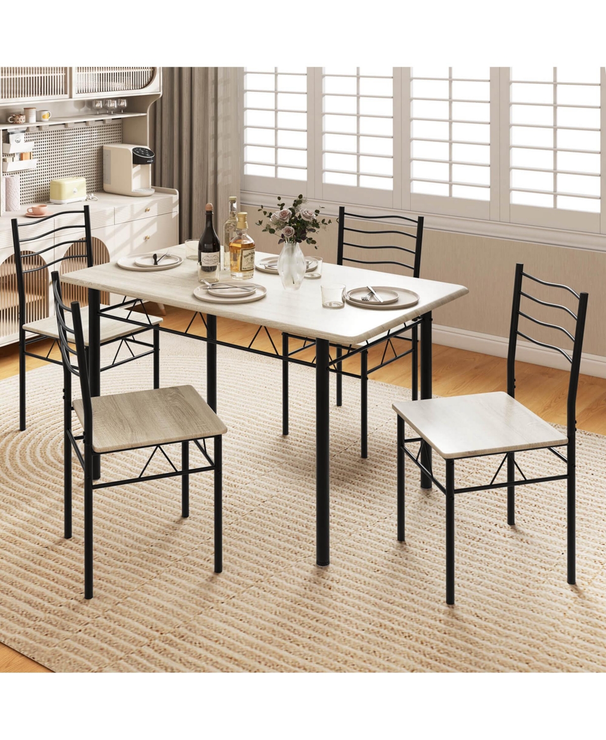 Costway 5 Piece Dining Table Set 29.5" with 4 Chairs Wood Metal Kitchen Breakfast Furniture