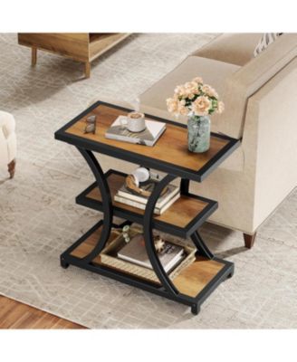 End Table with Storage, 3-Tier Side Table with Geometric Metal Design, Industrial Nightstand