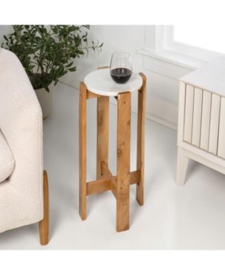 Elena 24" Minimalist Structured Wood Drink Table and Decorative End Table with White Marble Round Top
