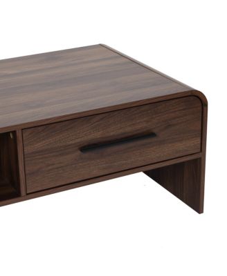 Walnut Finish 2-Drawer Coffee Table, Engineered Wood Open Storage Center Table with Rounded Corners for Living Room