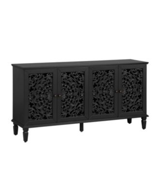 60" Antique Black Buffet Cabinet - Floral Carvings, Solid Wood Legs