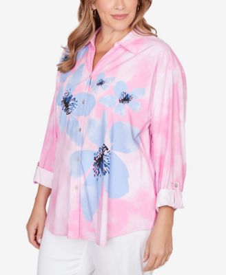 Plus Size Watercolor Floral Collared Top