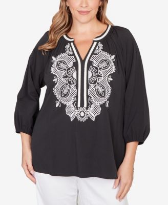 Plus Size Embroidered Soft Poplin Peasant 3/4 sleeves Top