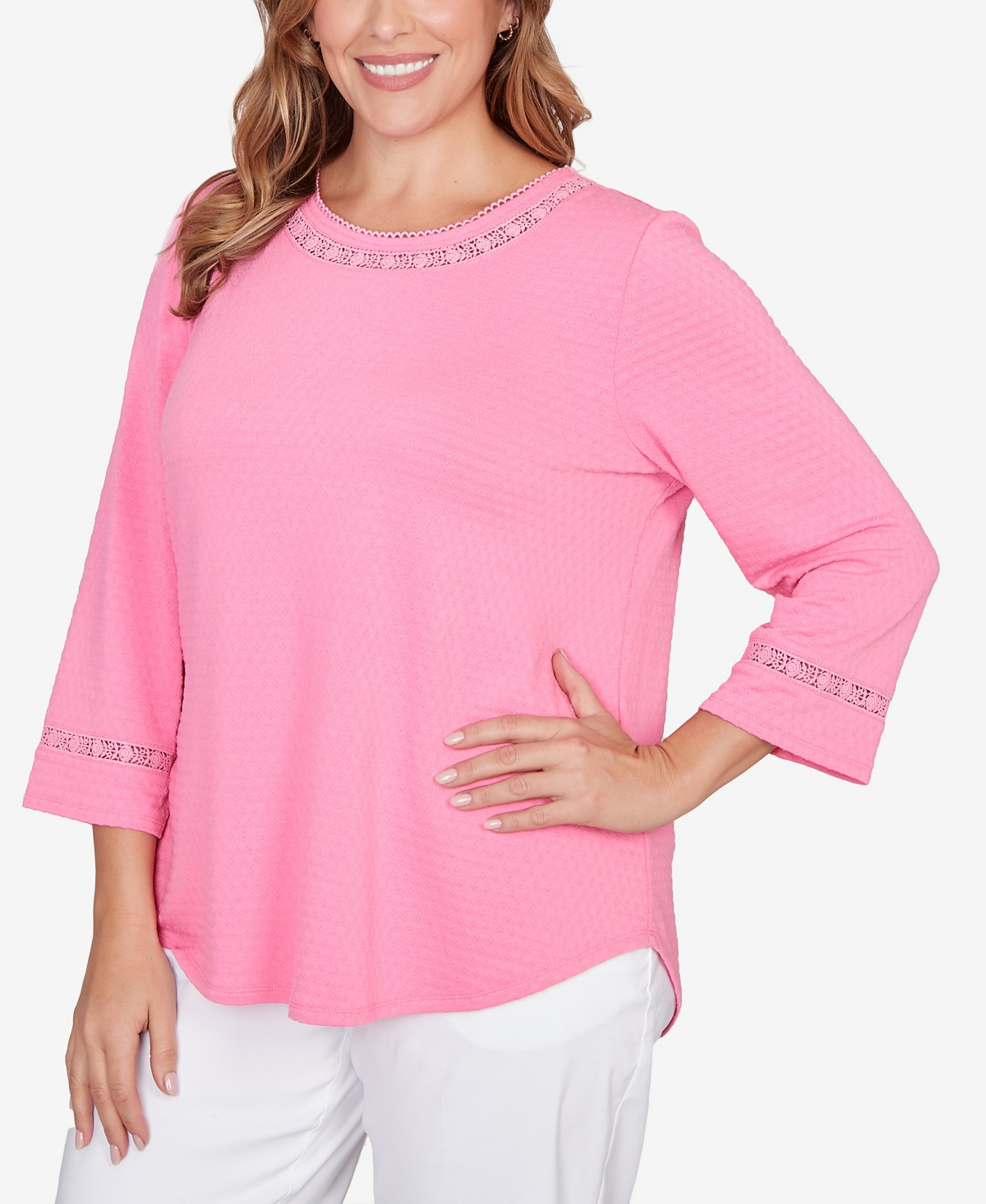 Ruby Rd. Plus Solid Clip Dot Lace Trim Knit Top