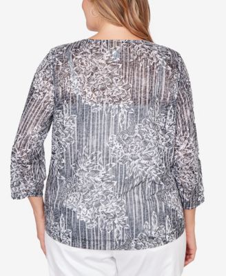 Plus Size Scoop Neck Embellished Layered Floral Slub Knit Top